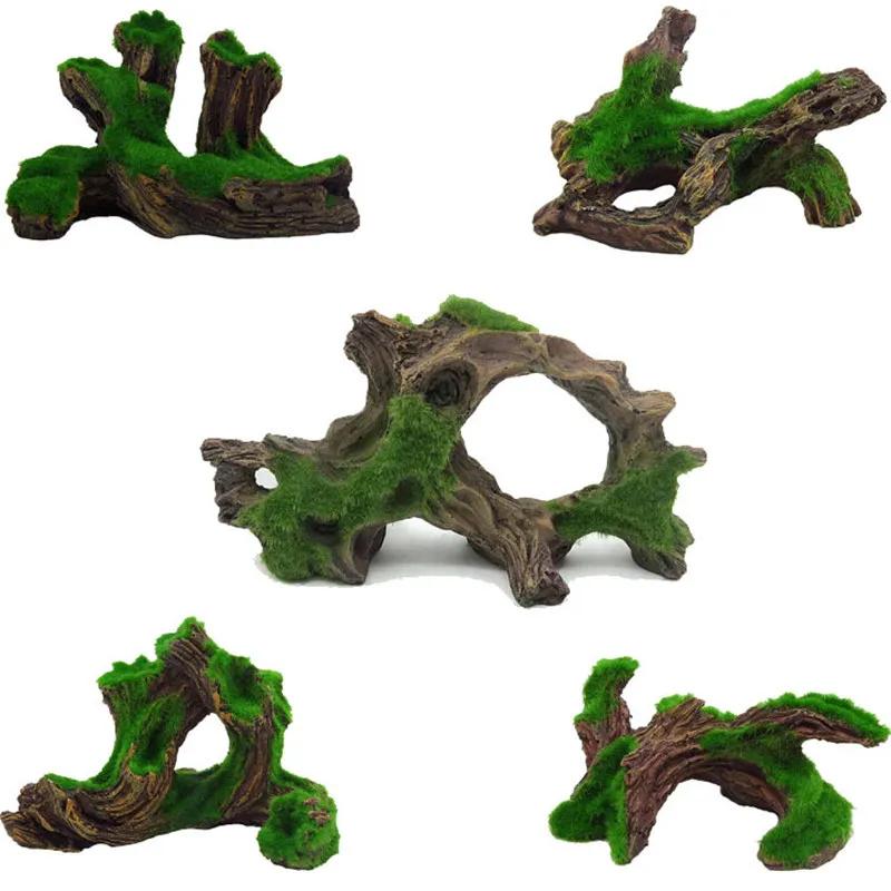 Aquarium Decoration Resin Wood for Fish Tank Decoration Wood Moss Root for Aquarium Ornaments Green Moss Fish Tank Decorative