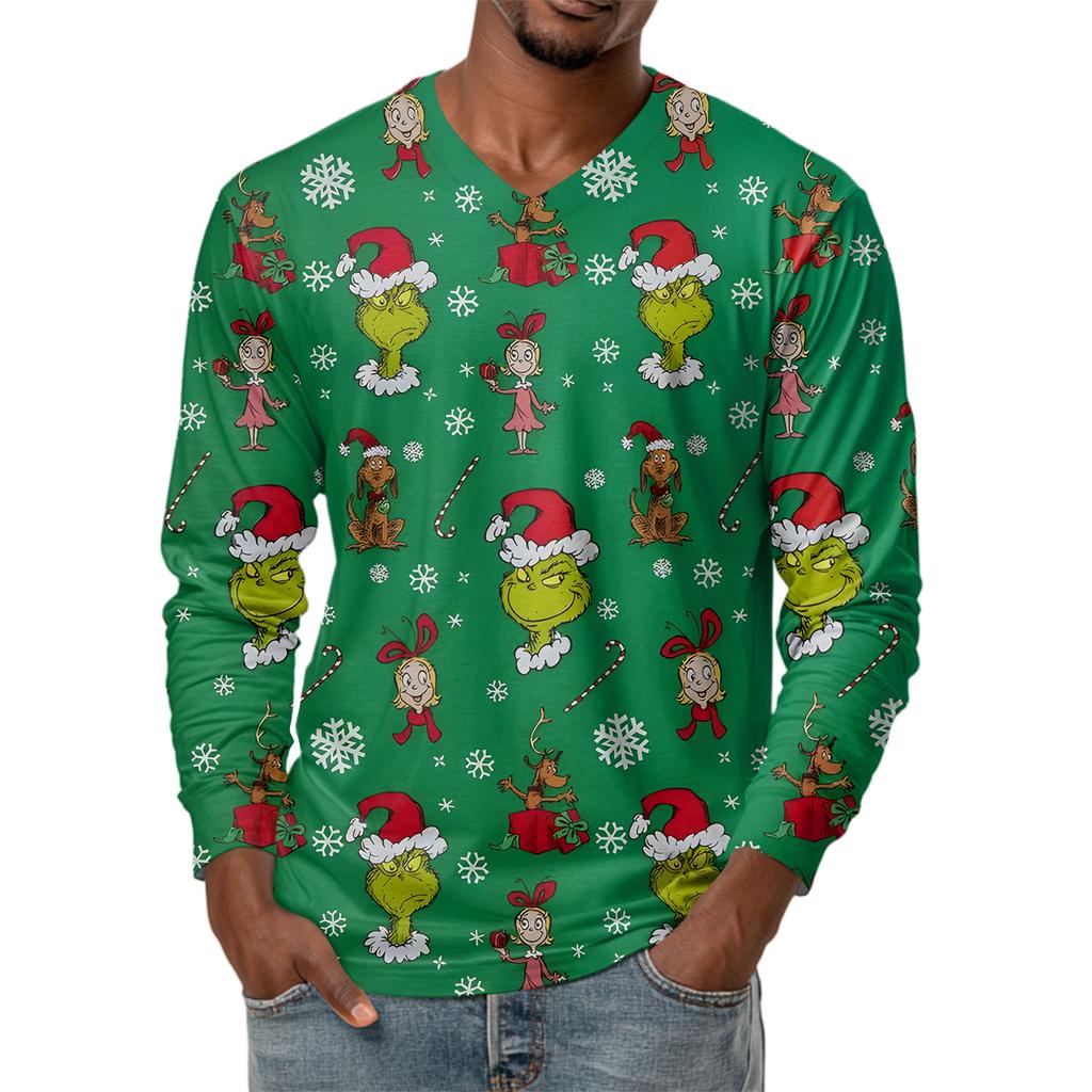 Men's Fashion Printed V-Neck Casual Long-Sleeved T-Shirt Bottoming Shirt Top