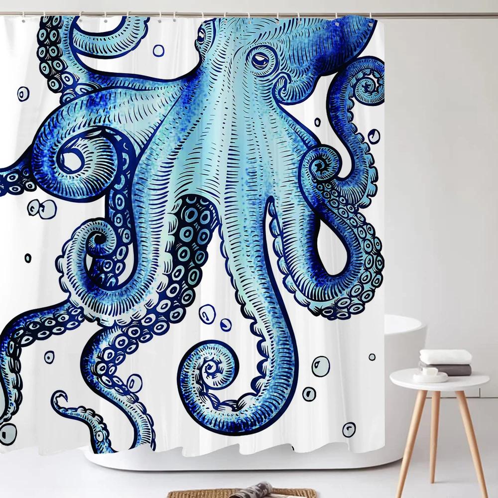 Octopus Seas Shower Curtains Bath Curtain 180*180cm Waterproof Bathroom Home Decor Washable Fabric Bathroom Screen With 12 Hoo