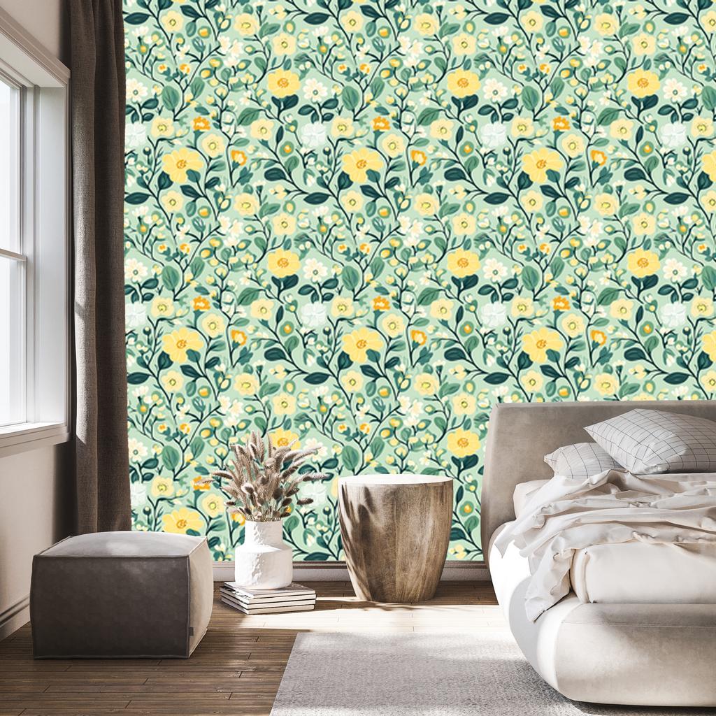 Cottagecore Flowers Wallpaper Green and Mint for Living Room and Bedroom 50x1000