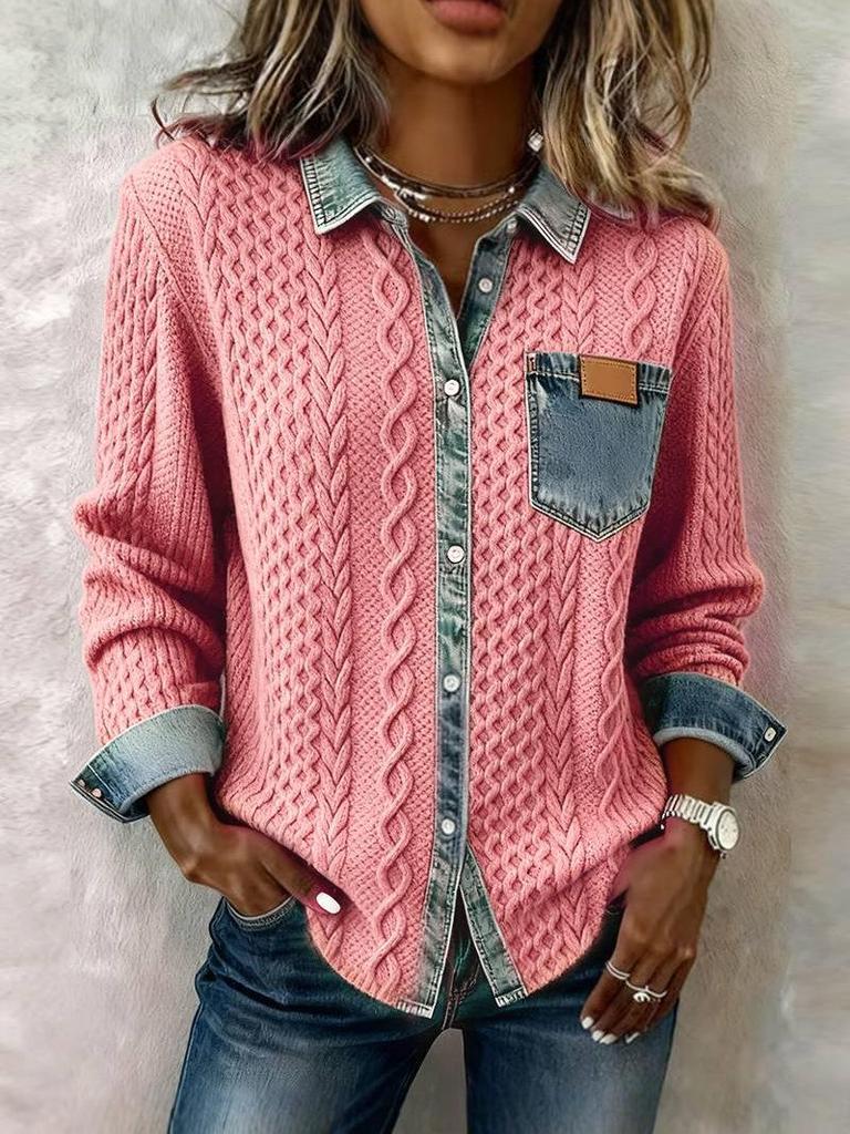 2025 Europäischer Strick-Patchwork-Denim-Cardigan - Damen Herbst/Winter Mode Langarm-Oberbekleidung
