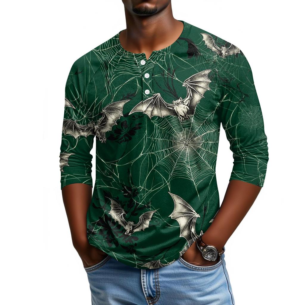 Men Casual Halloween Print Henley Shirt Raglan Three Quarter Sleeve Pullover Top Lightweight Comfortable Fit