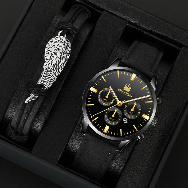 

Новый простой досуг творческий набор браслетов с крыльями модный тренд мужские кварцевые наручные часы с поясом Black Belt Gold Needle