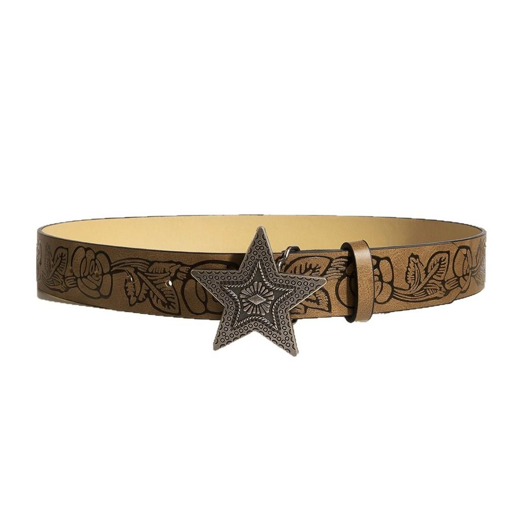 Women Faux Leather Belt With Flower Petal Print And Star Snap Button Fashion For