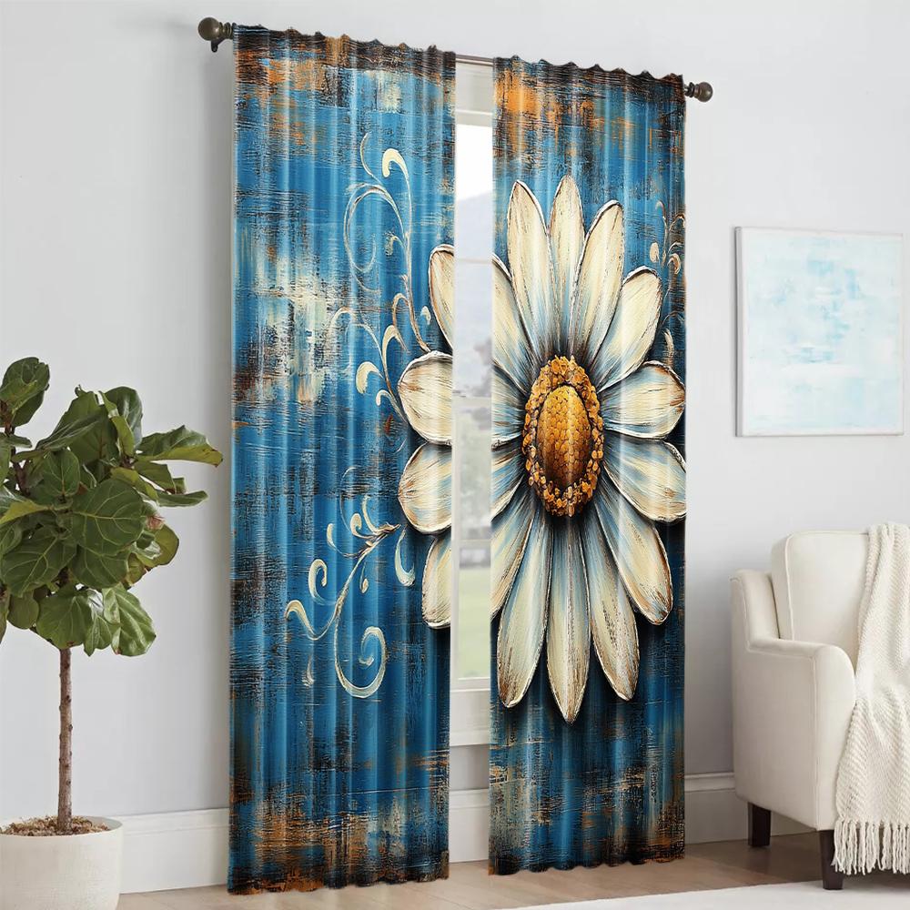 2 Pcs, Versatile Polyester Transparent Curtains for Home Decoration Floral Daisy Design for Use In Bedrooms and Living Rooms