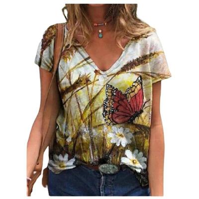 Fashion Spring  Butterfly Print Blouses Short Sleeved V-Neck T Shirts Casual