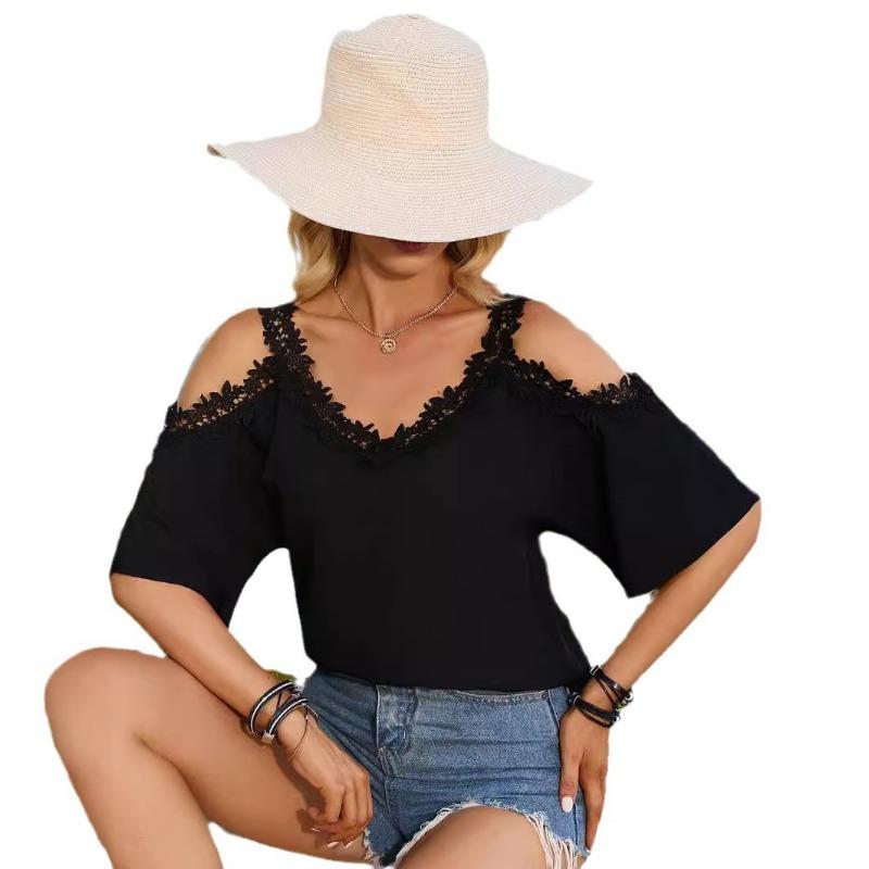 Plus Size Women's Summer V Neck Five Quarter Sleeve Sexy Off The Shoulder Halter Top