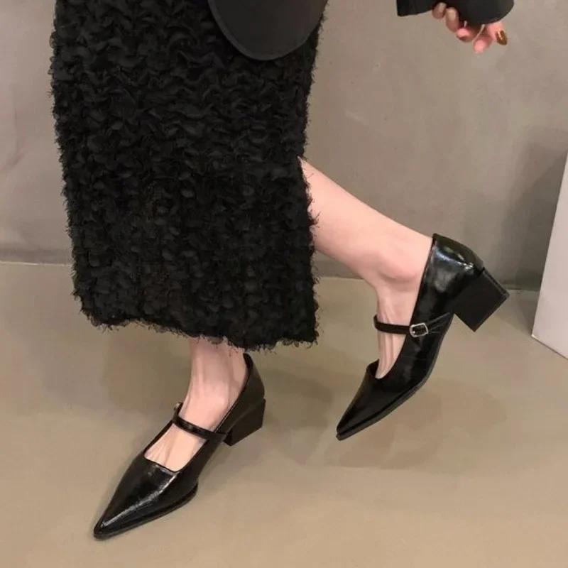 

Модные туфли Мэри Джейн на толстом каблуке в ретро-стиле для женщин, модные туфли-лодочки с неглубоким вырезом и острым носком для комфорта леди в офисе 35 чёрный