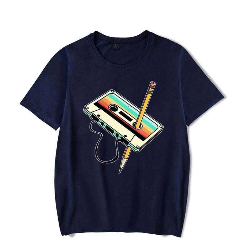 Men Short Sleeve 80s Cassette Tape Pencil 1980s Retro Vintage Throwback Music T-Shirt Women Clothing Vintage T Shirt Camisetas