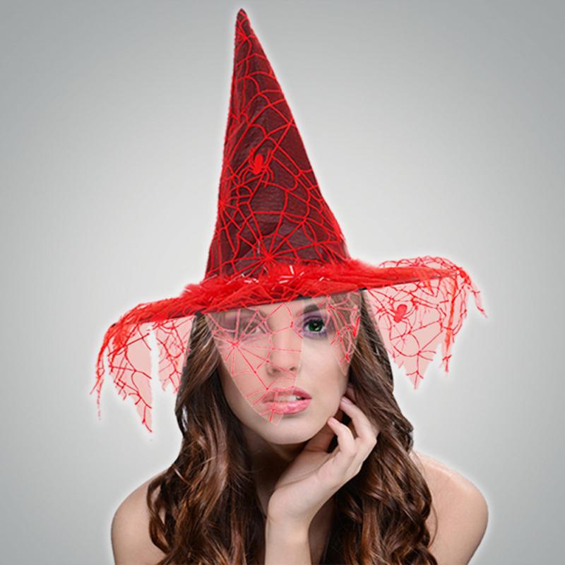 New! Halloween Costume Witch Hats Steeple Top Spider Web Pattern Mesh Wizard Makeup Props Cosplay Prom