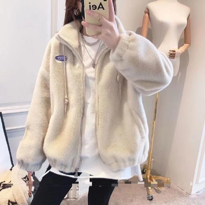 Women's Mid-Length Faux Mink Fur Plush Coat - Stand Collar, Winter Korean Style, Loose Fit.