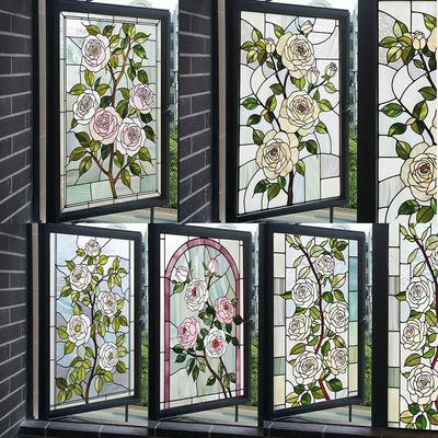 Film pour vitre statique auto-adhésif motif Rose Rétro Vitrail Autocollants Art Floral Peinture Protection de la vie privée Film pour fenêtre
