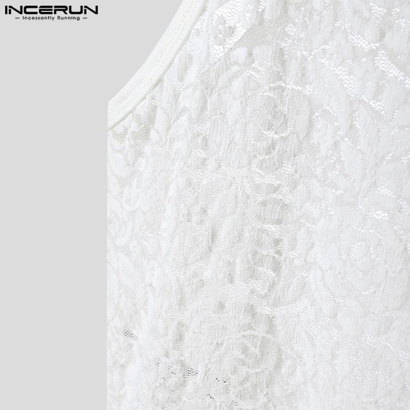 INCERUN Summer Men Sleeveless Lace See Through Mesh Sheer Loose Tank Tops