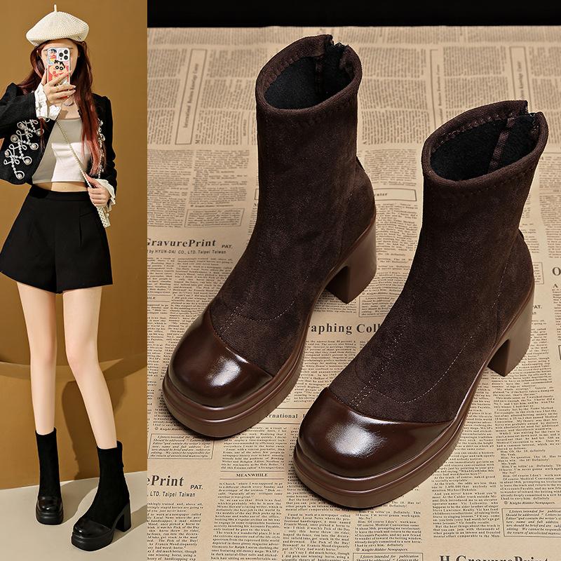 Skinny boots children spring and autumn new Korean small ankle boots autumn and winter women's shoes suede elastic boots high heels short boots