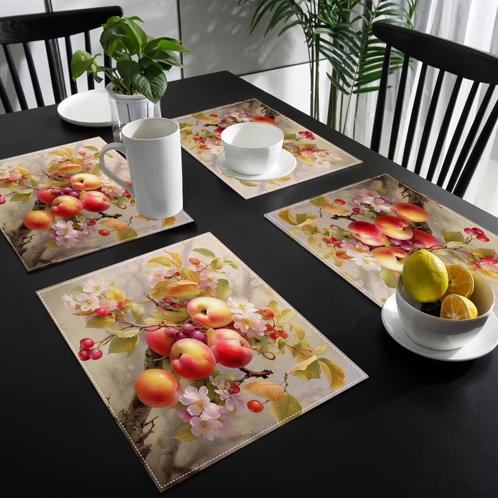 Linen Placemats – Digital Printed, Heat-Resistant, Classic Floral & Fruit Design, Ideal for Farmhouse Kitchen, Dining, Parties