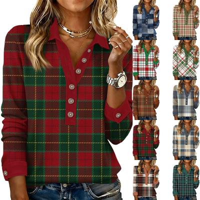 Women's Retro Street Lazy V,neck Long Sleeve Button Plaid Print Pullover Top