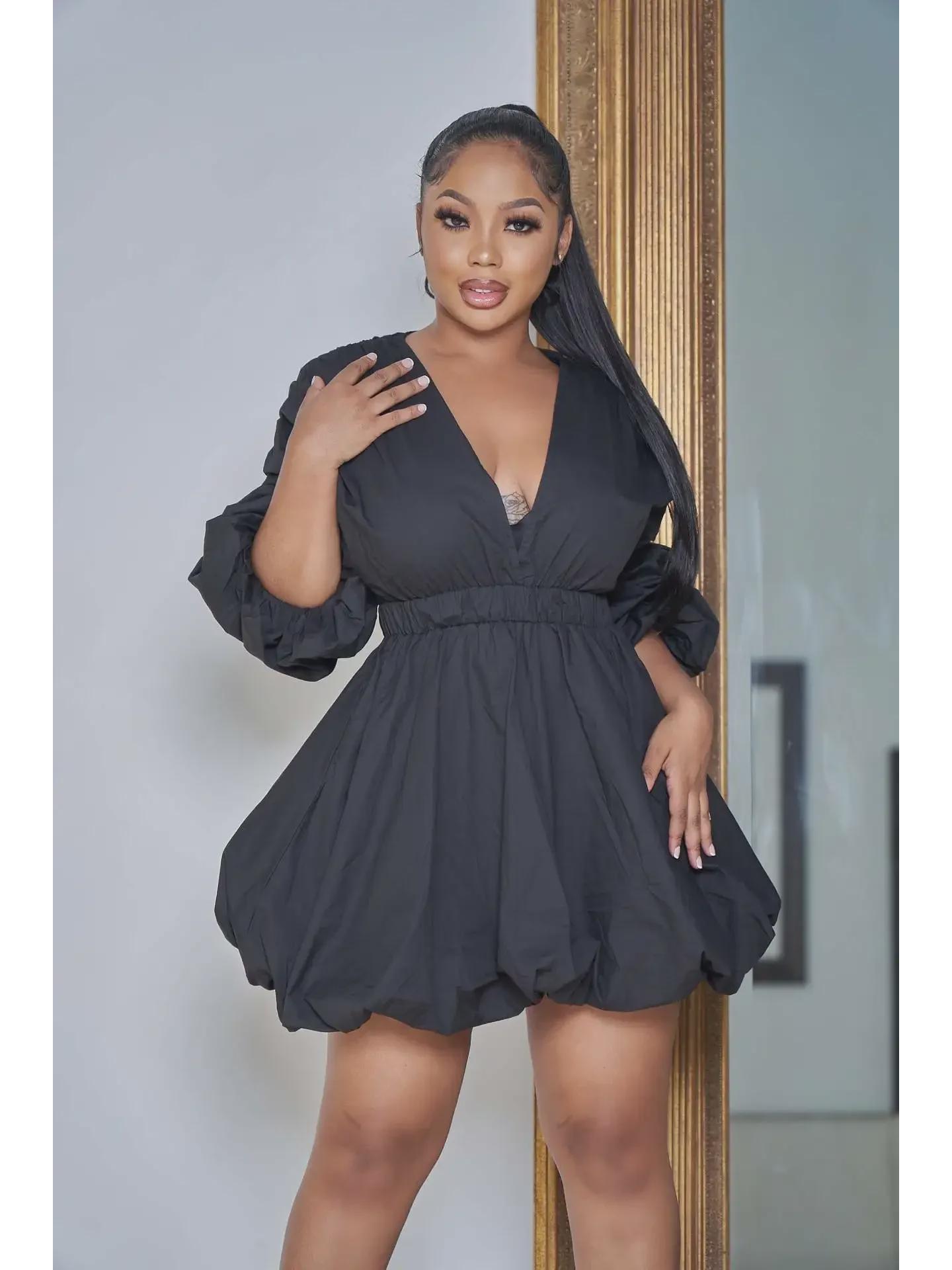 

Женское модное платье с глубоким V-образным вырезом и рукавами-фонариками - осень 2022 г. XXL чёрный