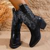 Retro Embroidered Women's Cowboy Boots Chunky High Heels Pointed Toe Winter Boots Woman Brown PU Leather Western Botas De Mujer