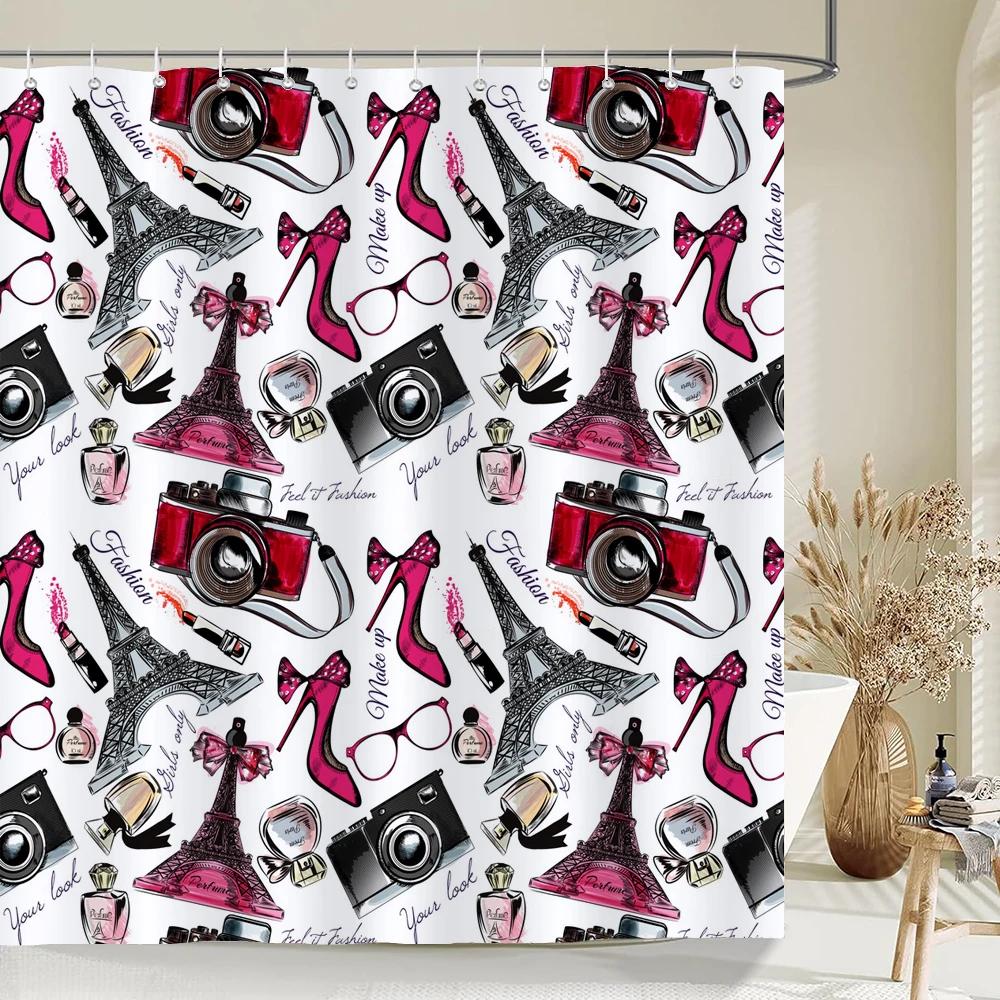 

Sexy Red Lips Pink Print High Heel Shower Curtain Cosmetic Perfume Pink Girl Bedroom Decor Curtains Waterproof Bathroom Curtain 120X180cm