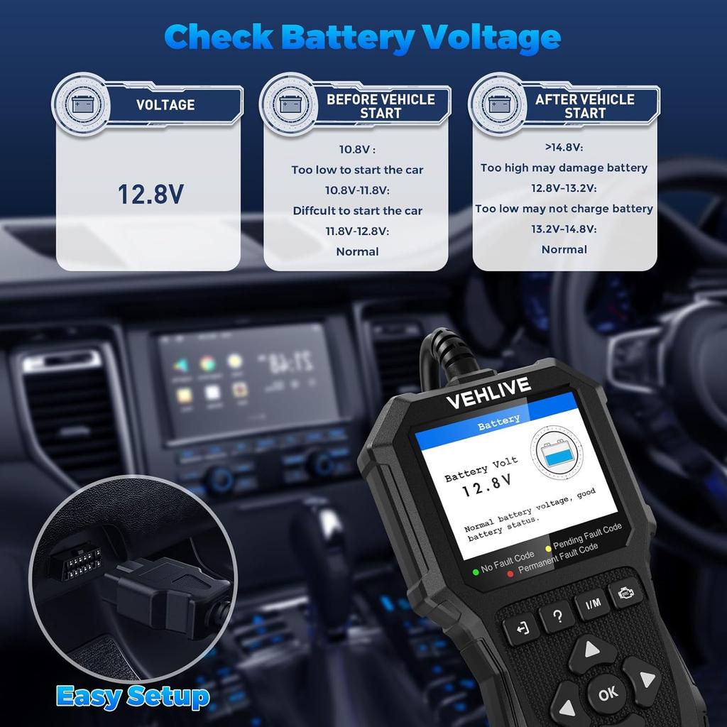 OBD2 Scanner Diagnostic Tool, Check Engine Light Car Code Reader With Reset, Battery Tester, Live Data, Freeze Frame, I/M Readiness, Car Scanner