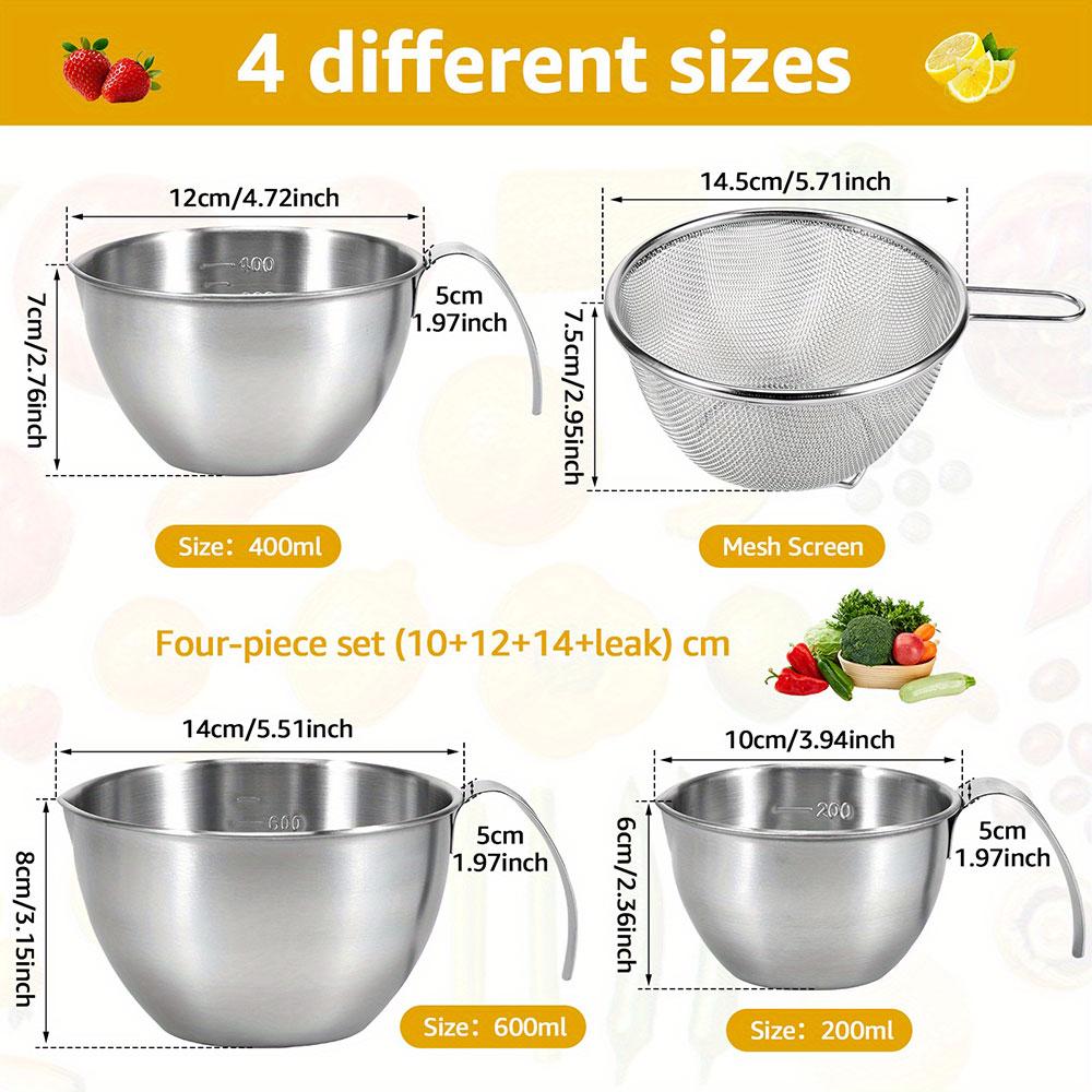 4PCS Mini Handle Cooking Cup, Stainless Steel Mixing Bowl, with Scale, Handle, Filter, Multi functional Set