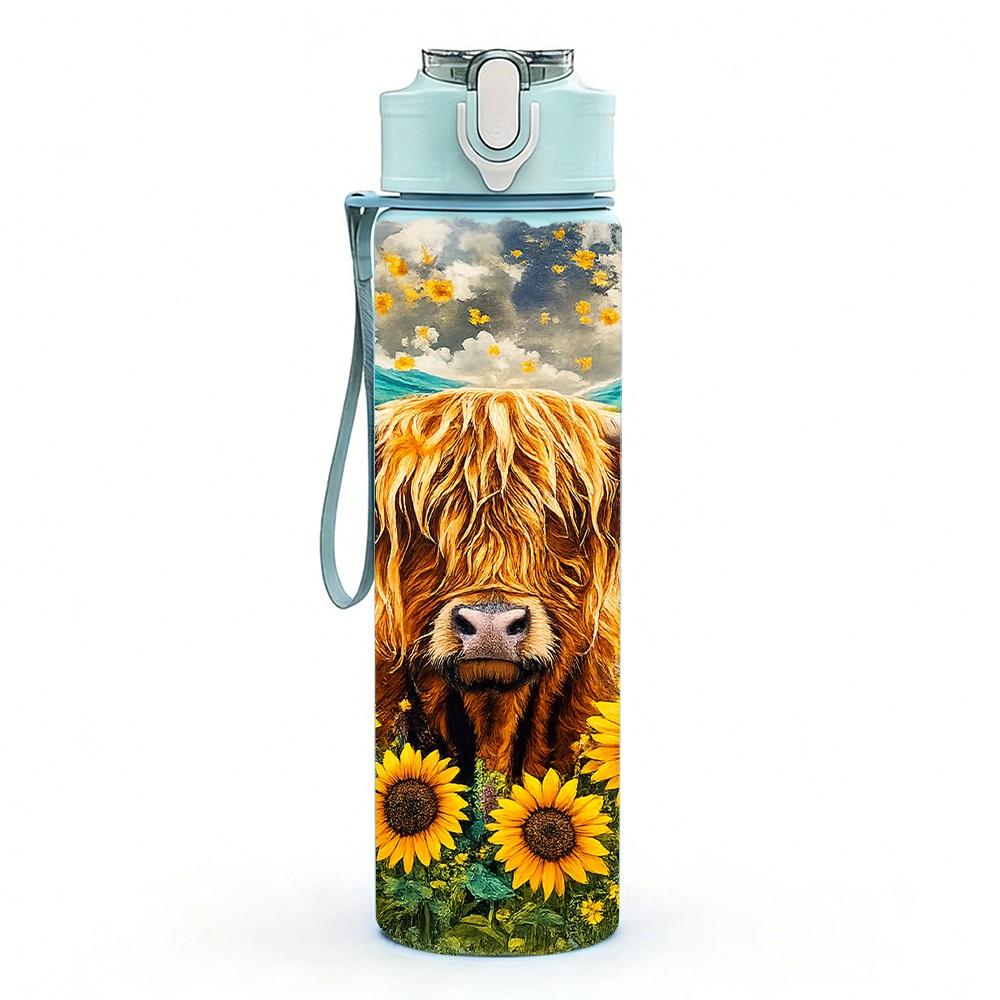 1PC Highland Cow Sunflower Mix Print 750ml Color Plastic Sports Water Bottle Leakproof Flip Straw Lid Suitable for Sports Office Home Use