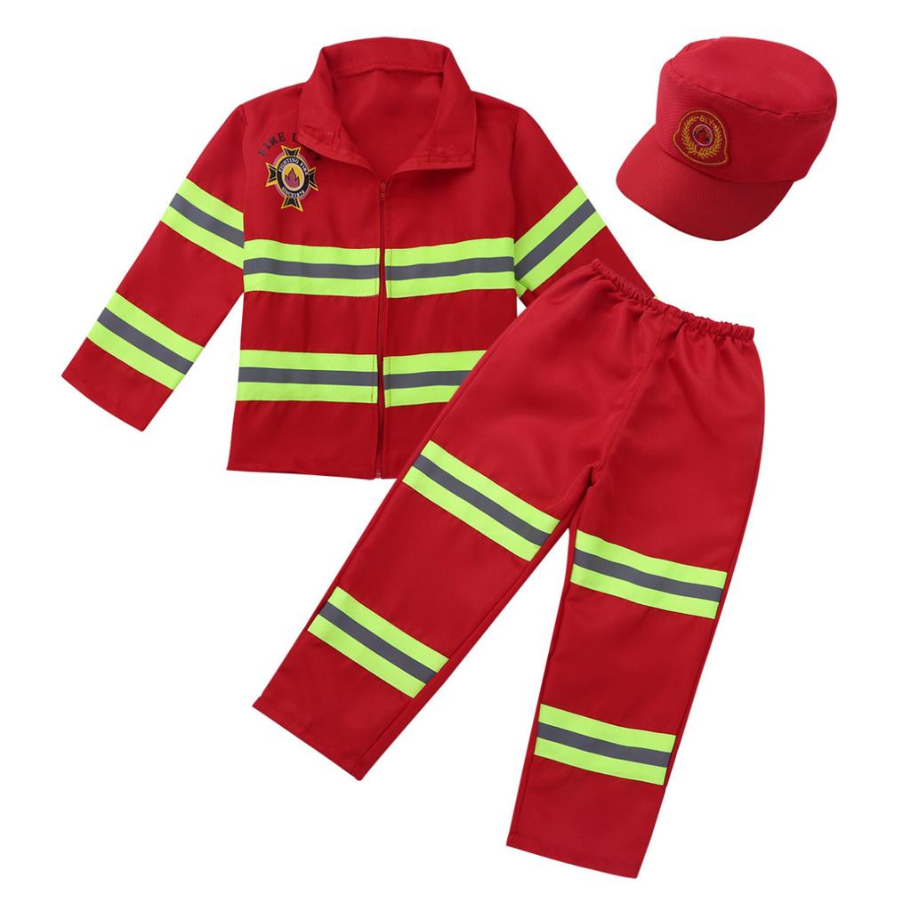Kids Fireman Costume Set Girls Boys Firefighter Cosplay Fancy Dress Up Thick Jacket Coat With Pants Hat Set
