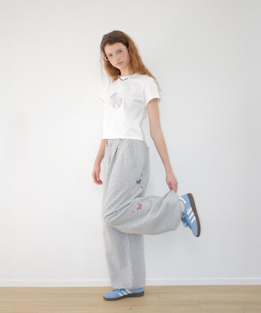 RONRON Pony Cat Embroidery Wide Sweat Pants Gray