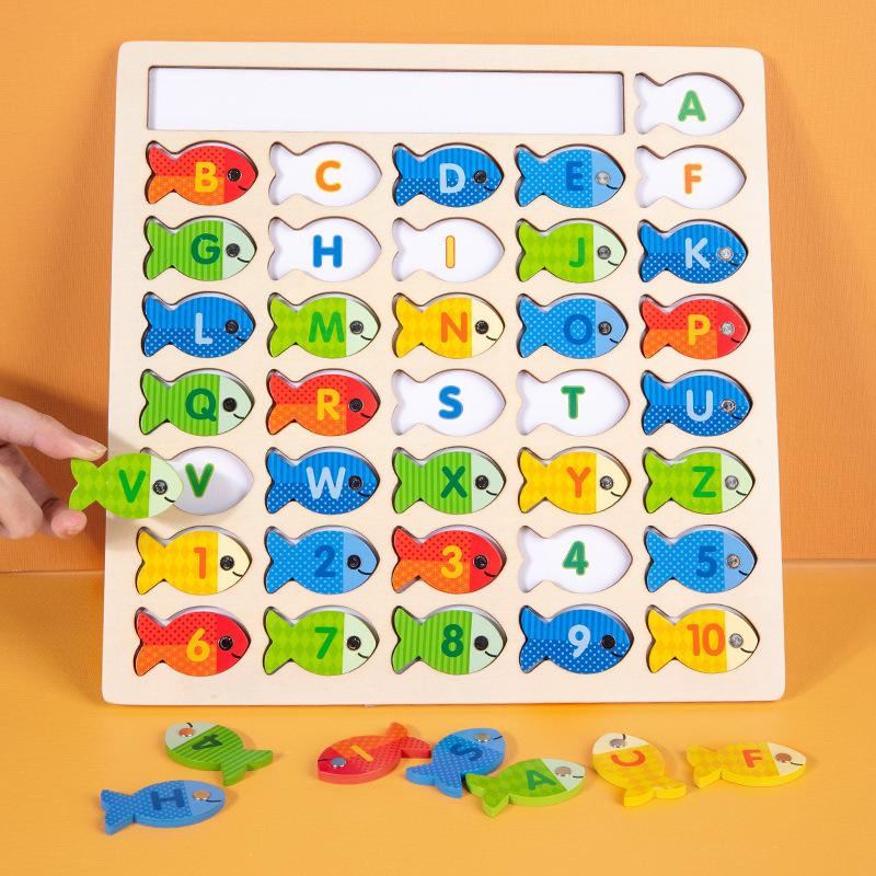 Montessori Educational Toy Wooden Fishing Puzzle Board Game Magnetic Fish Letter Digital Cognize Toy for Kids Preschool Learning