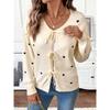 Sweet Cute Heart Pattern V-Neck Tie Waist Open Cardigan Sweater Jacket Autumn Winter New Arrival Fashionable Women's Knitwear