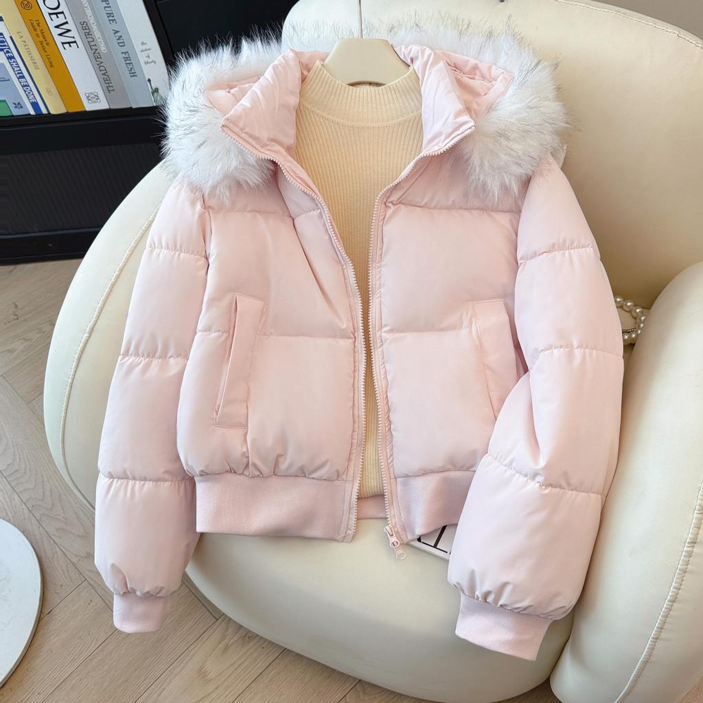 Short fur collar hooded cotton-padded women, thickened and loose small bread clothes and cotton-padded jackets in winter