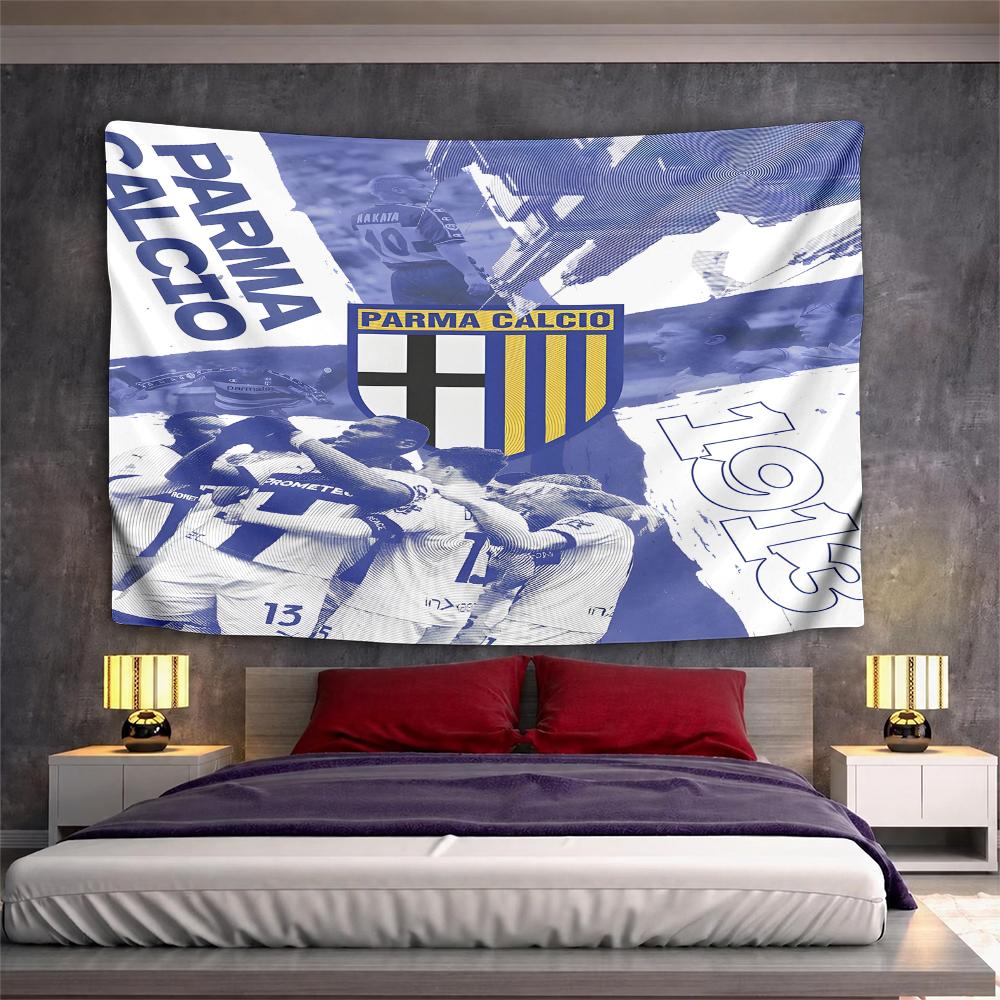 Parma Calcio 1913 Football Club Crest Players Collage Blue Yellow Wall Tapestry Soccer Fan Decor for Bedroom Gift