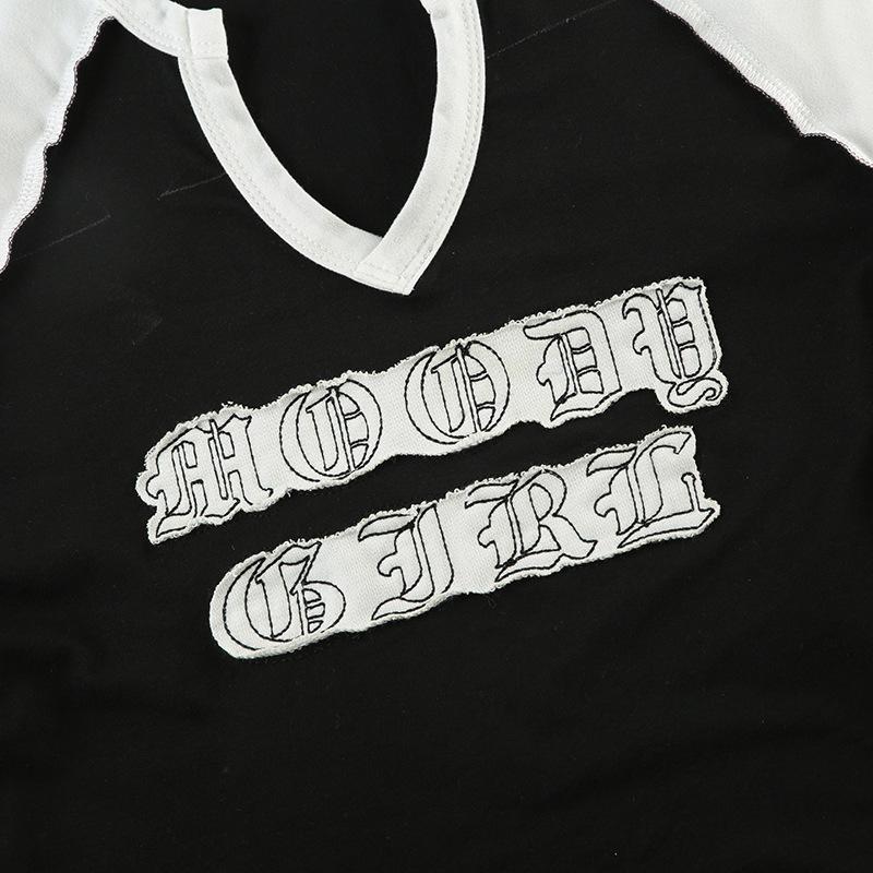 Women's Letter Print V Neck Color Contrast Fashion Spice Slim Slim Casual Long Sleeved Short Top