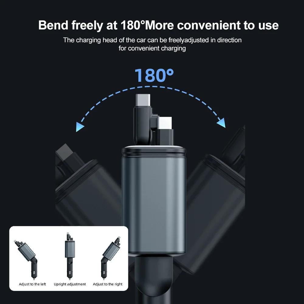 180W Car Fast Charger USB Type-C Power Adapter Retractable Phone Charger With Roof Starlight For IOS Android Phones