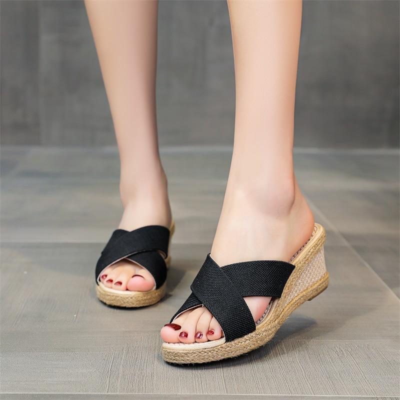 Spring Summer High Heeled Sandals Old Beijing Cloth Wedge Women Shoes Casual Beige Korean Style Slippers Comfortable