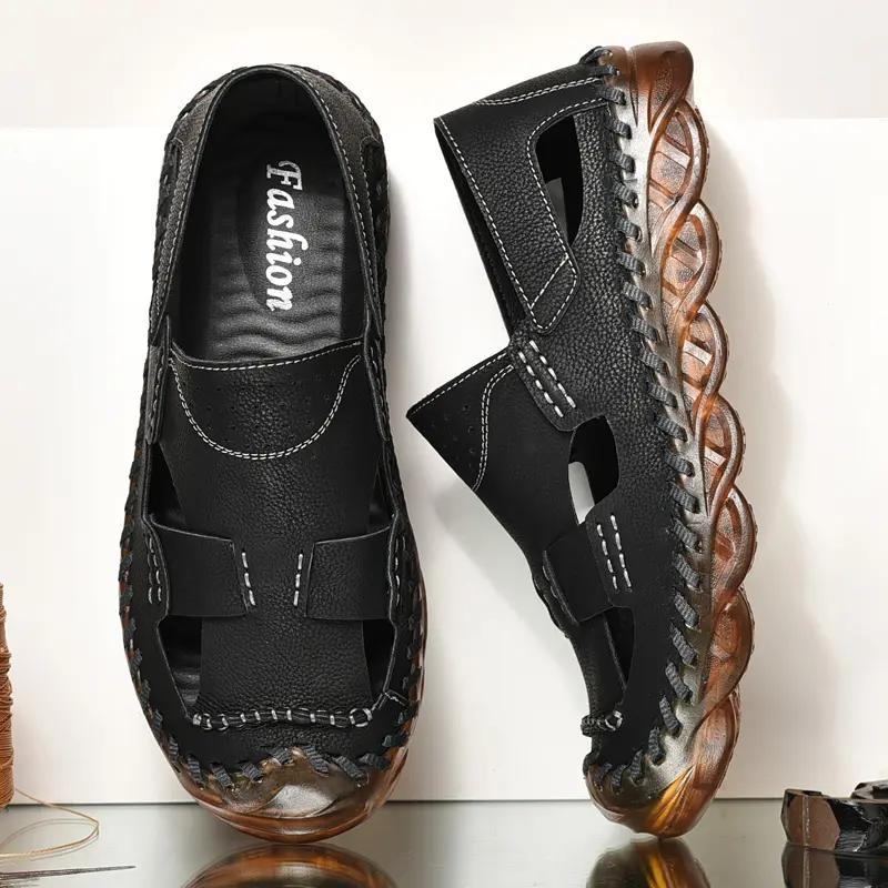 Summer Men's Leather Sandals Handmade Breathable Beach Shoes