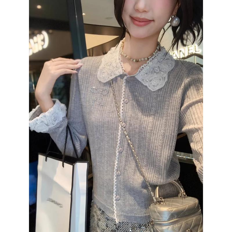 Women s Elegant Lace Patchwork Knit Cardigan S