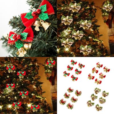 12Pieces Christmas Bows with Bells Vintage Burlap Bows Bowknots Set for Christmas Tree Presents Case Wrapping Decoration