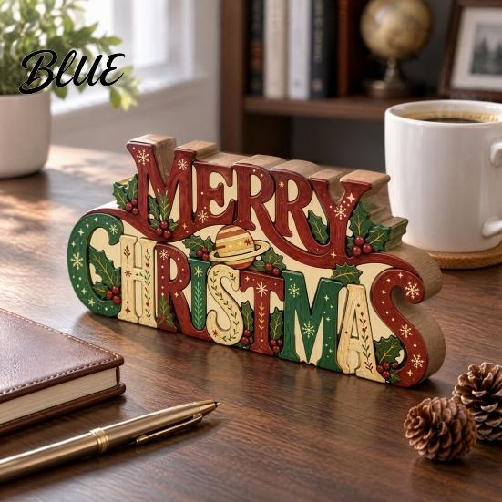 Decorative Holiday Signage Wooden Merry Christmas Sign 2D Flat Farmhouse Freestanding Table Centerpiece Small Keepsake Rustic Tiered Tray Decoration