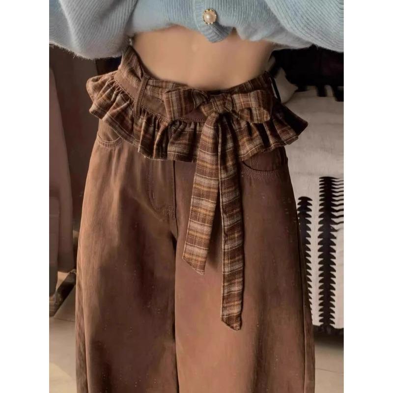 

Женские джинсы с двойной талией и ремешком-бабочкой кофейного цвета, весенне-летний дизайн, прямые свободные брюки широкого покроя M