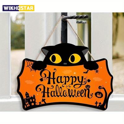 Halloween Dekorationen Lauernde Schwarze Katze Holz Feiertag Mit Seil Hängeschild Feiertagsverkleidung Veranda Hängeornamente