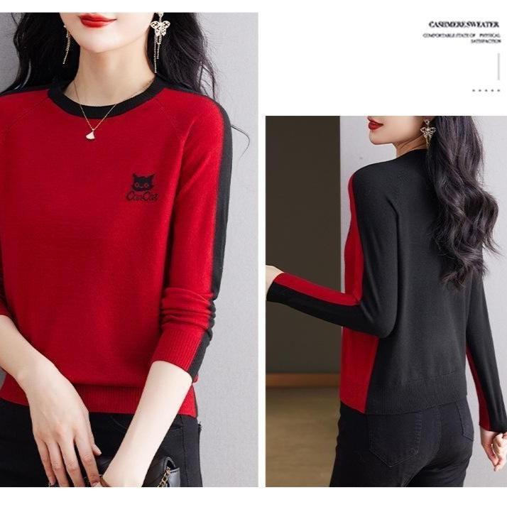 Women's Chic Cartoon Embroidery Cat O-neck Sweaters Autumn New Casual Loose Fashion Knitwear Striped Patchwork  Winter Pullovers