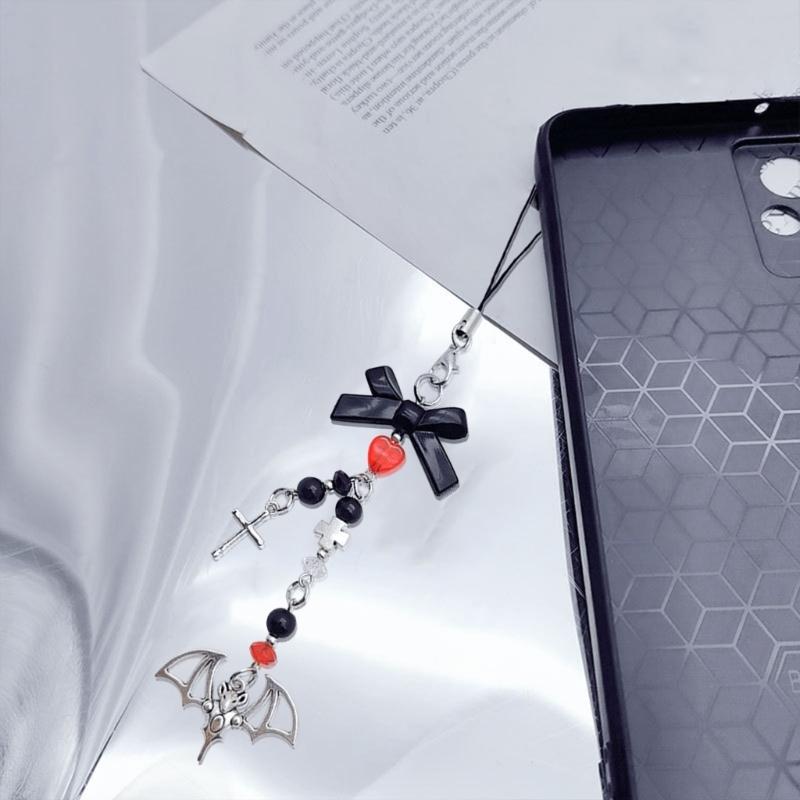 Halloween Gothic Punk Bat Phone Charm for Women Men Cross Pendant Mobile Phone Chain Y2K Bowknot Heart Lanyard Keychain