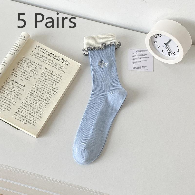 5 Pairs of Women's Spring and Summer Breathable and Versatile Black Fungus Flanged Long Tube Stack Socks