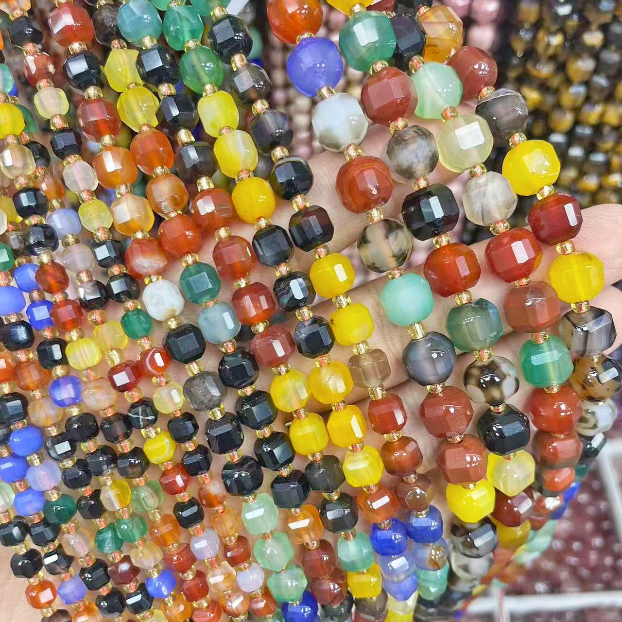 Faceted Seven-Color Agate Sugar Cube Beads for DIY Jewelry 6mm, approx. 38cm