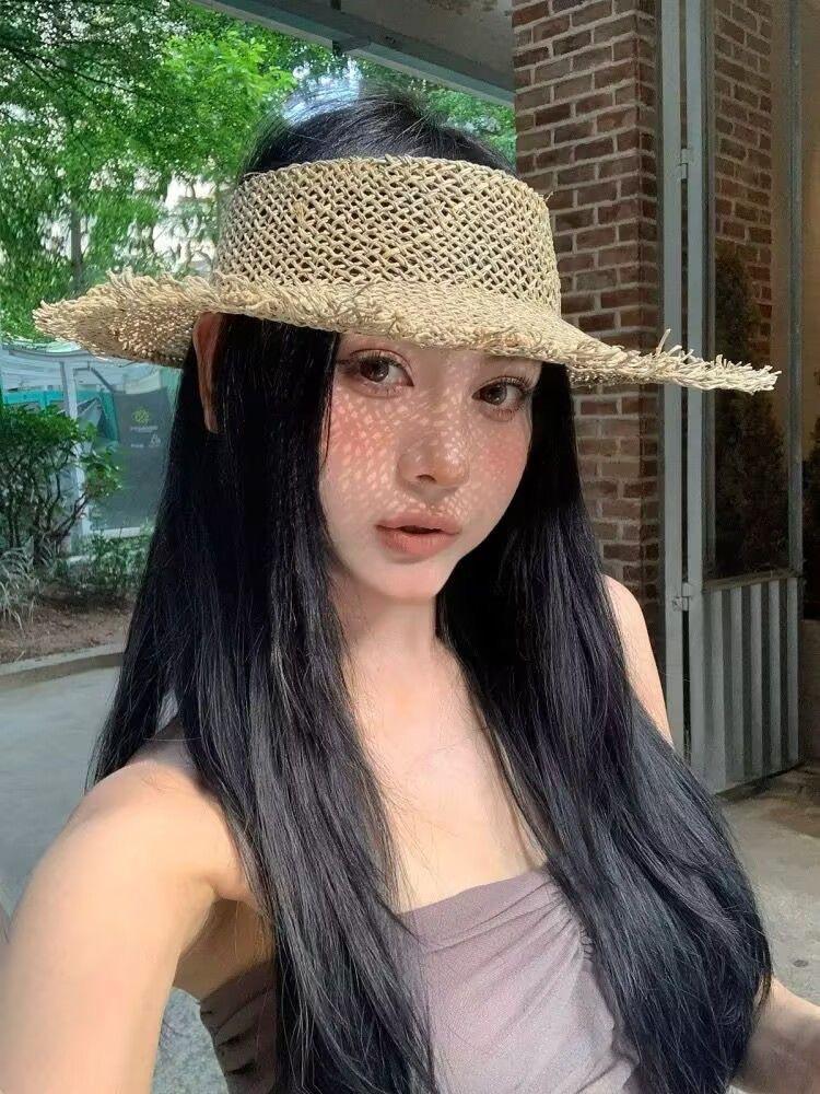 New Salty Grass Hat Vacation Summer Visor Flower Straw Hat Empty Top Hat Burr Seagrass Women Hand Knitted Sun Protection