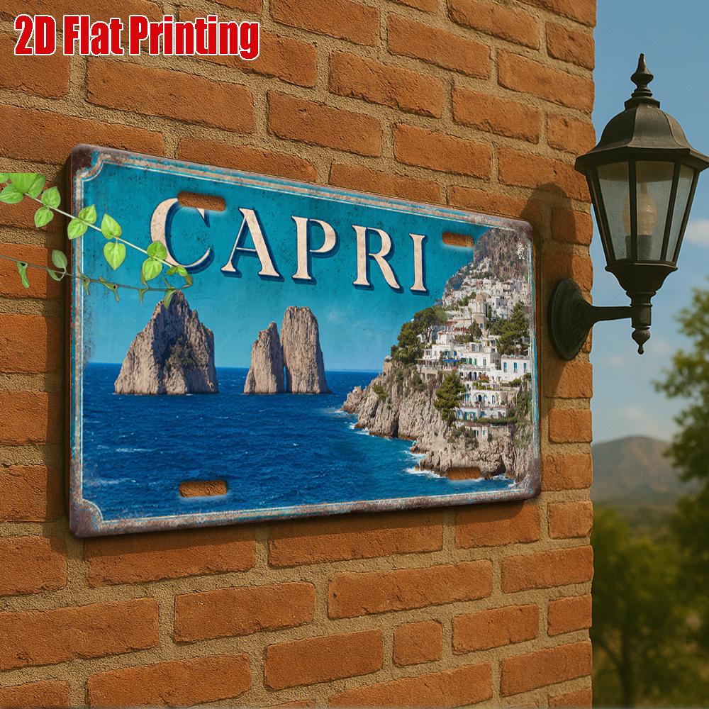 

Capri Italy Faraglioni Rocks Coastal Townscape License Plate Style Aluminum Metal Sign Retro Italian Travel Souvenir Wall Art De 15x30cm(5.9x7.8inch)