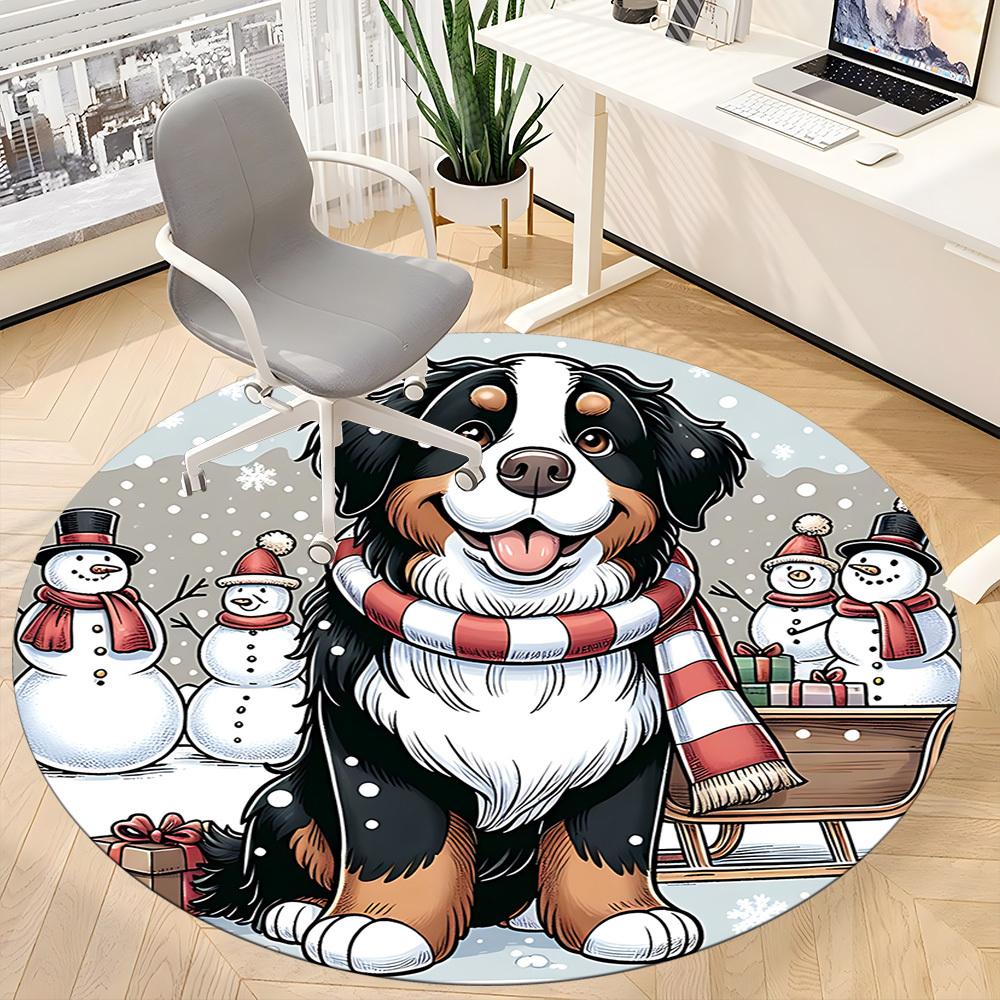 1PC Winter Snow Dog Office Round Area Rug, Mat Suitable For Office, Under Office Chairs Bedroom Living Room Home Decor, Room Deco