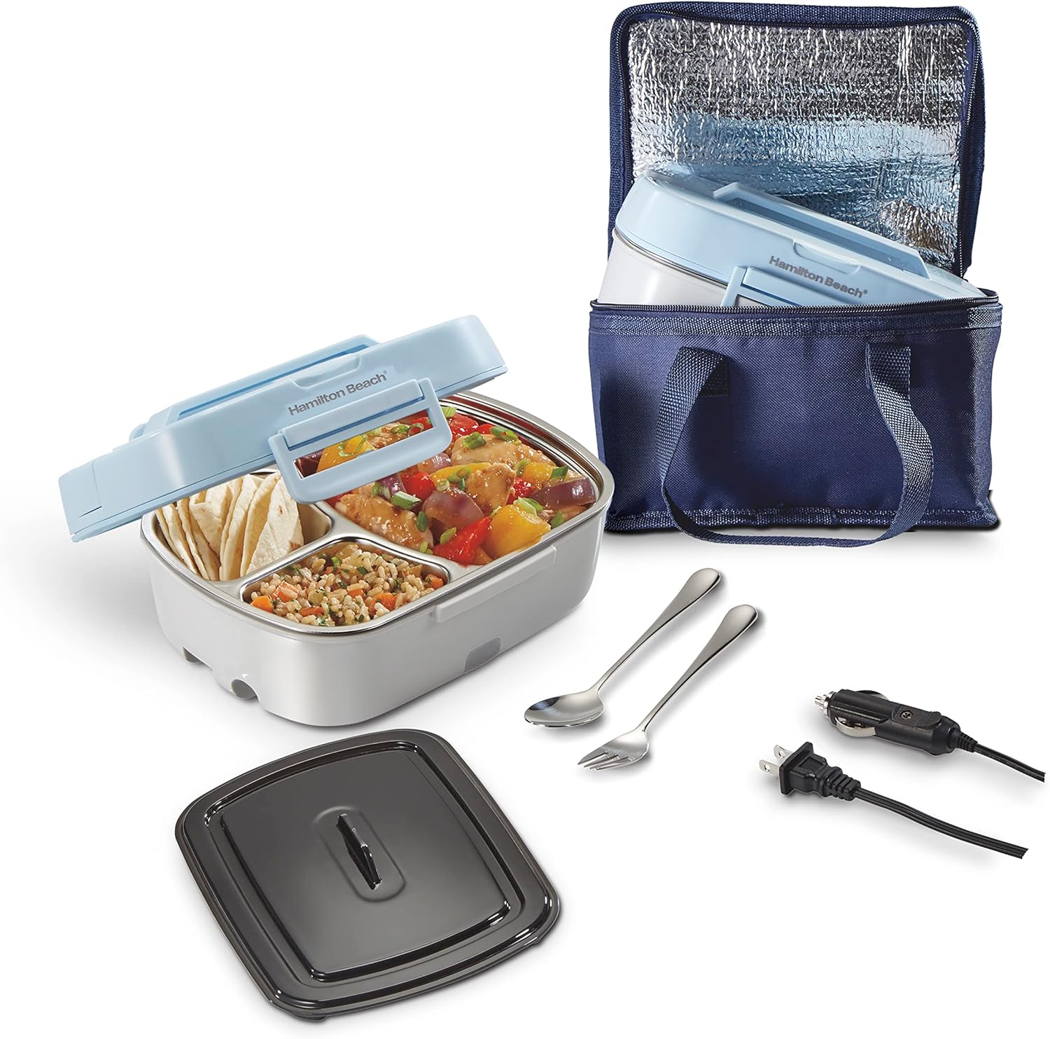 

Portable Electric Lunch Box Warmer 3-Compartment, 12V/120V, Stainless Steel Tray, Insulated Bag, Fork Spoon, Blue
