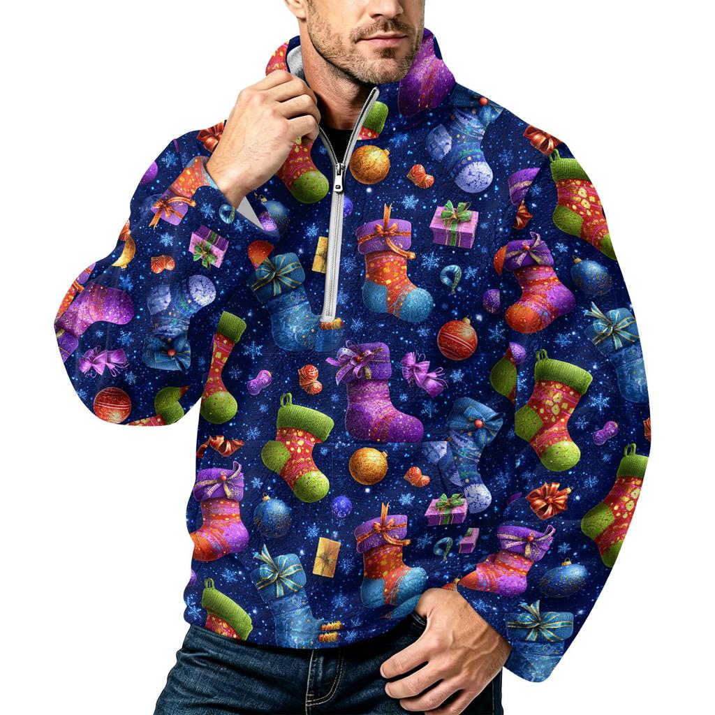 Men's Christmas Print Zip-Up Sweatshirt with Stand Collar, Plus Size Flannel Top for Fall Winter